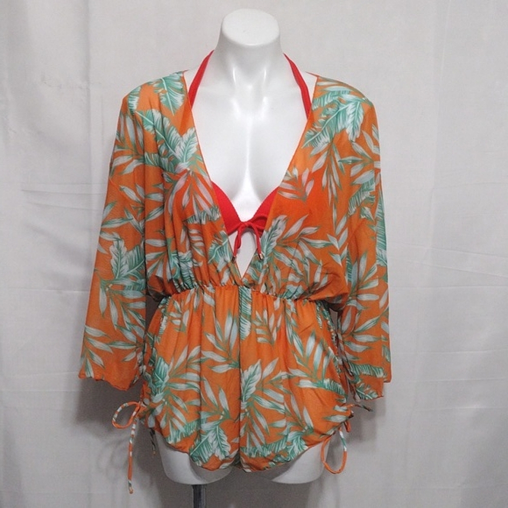Sheer Tropical Cover Up Romper Plunge V Neck Cinched Waist Beach Resort XL - Picture 13 of 14
